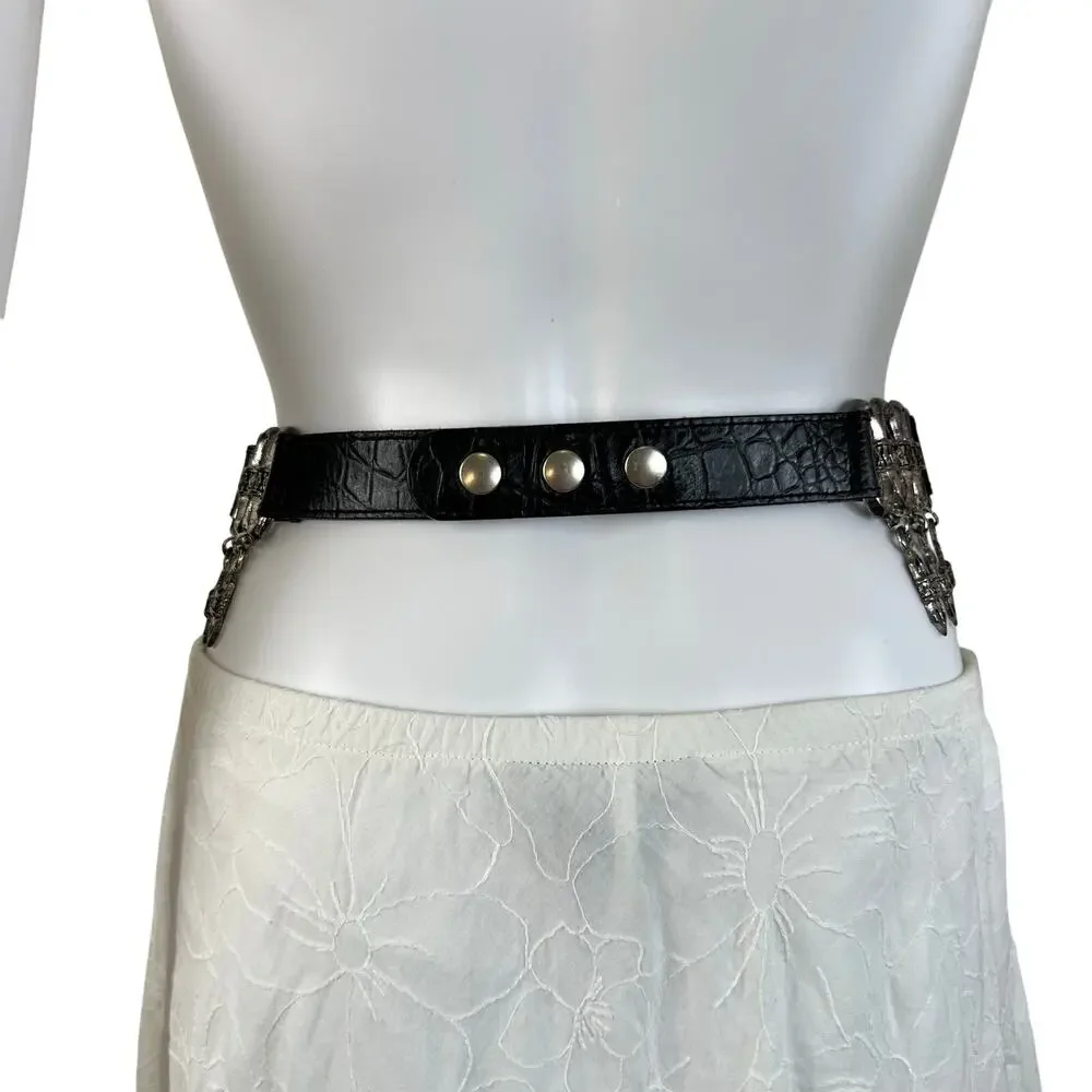 Vintage Women's Black & Silver Tone Medallion Hanging Charm Western Belt (XS/S)